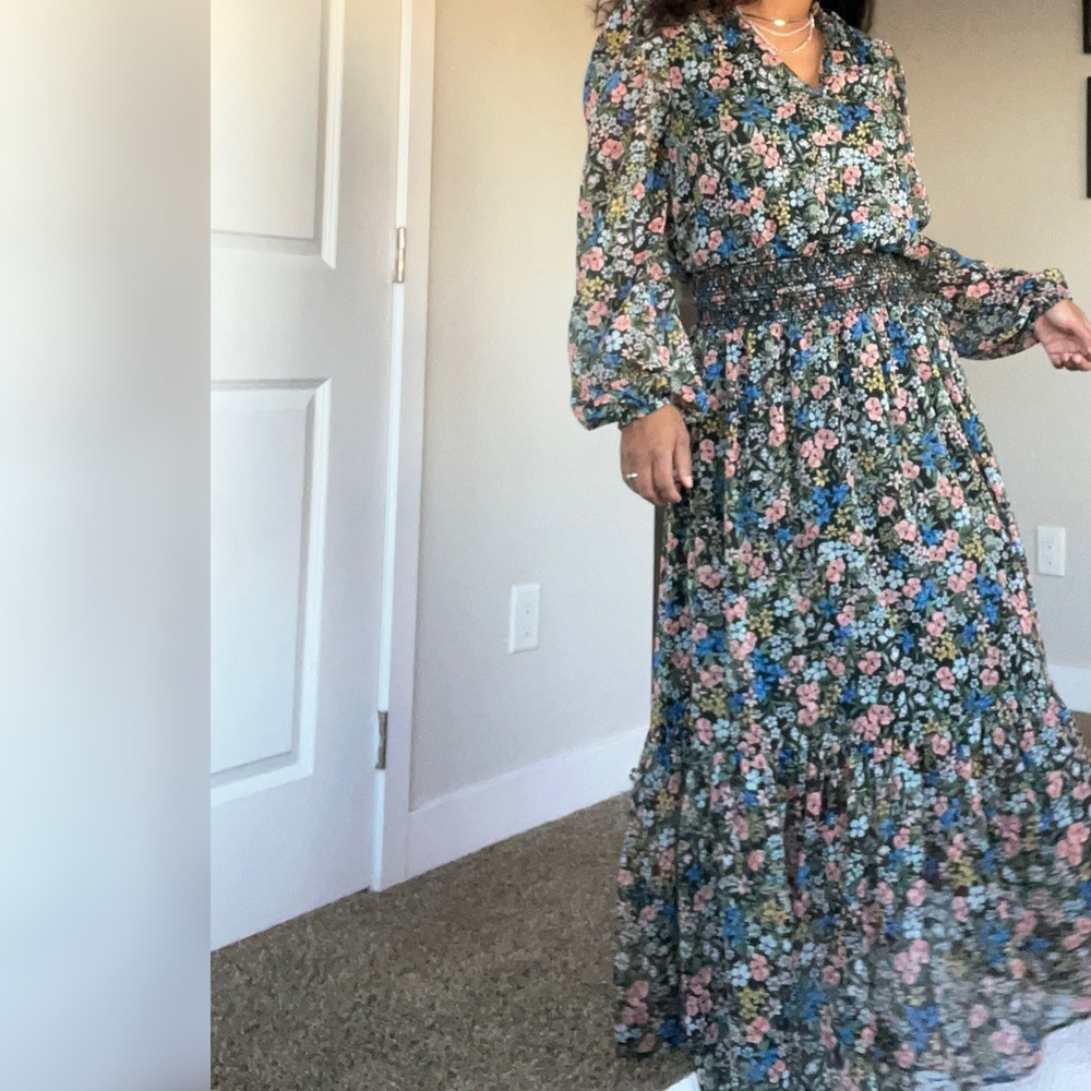 Gap Floral Print Long Sleeve Smocked maxi Dress